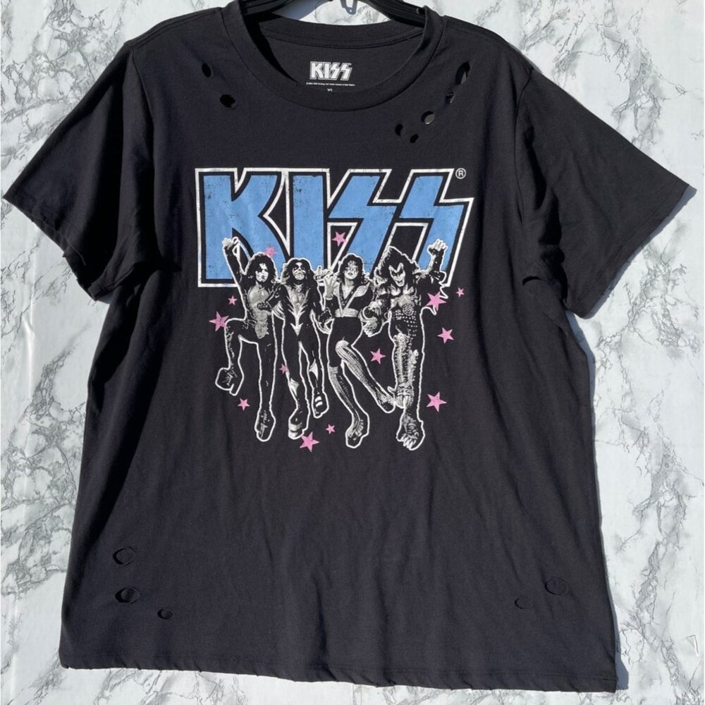 Kiss Band Womens Distressed Graphic T-Shirt XL Black Grayson/Threads